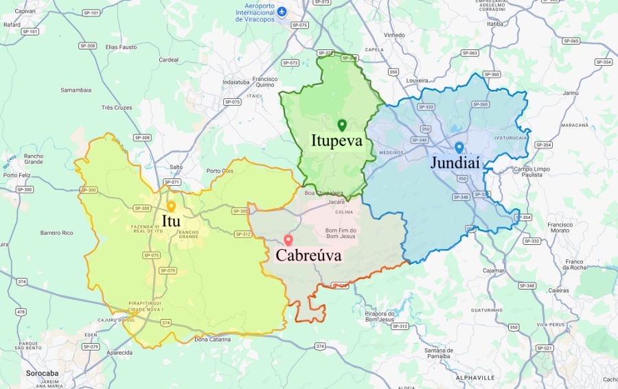 Mapa com realce dos municípios Cabreúva, Itu, Itupeva e Jundiaí